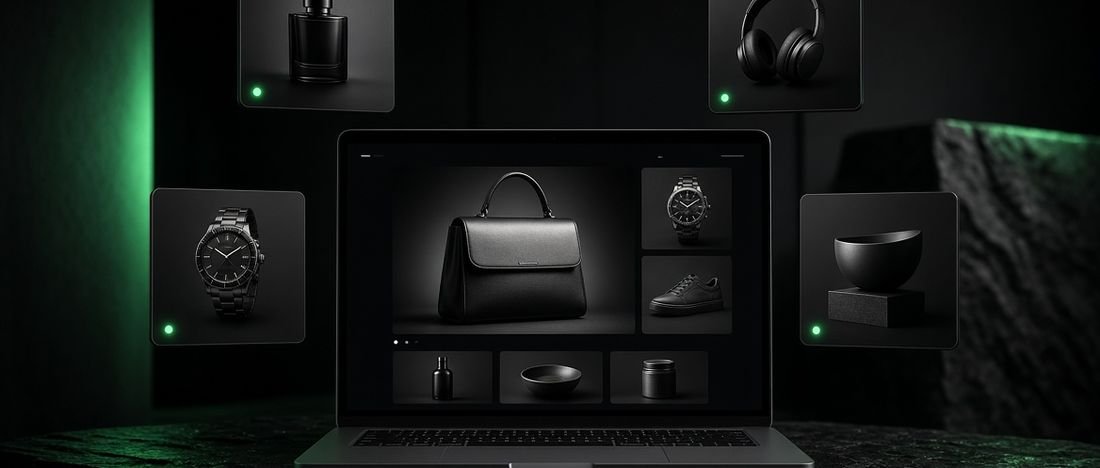 Product photography arranged around an online store on a laptop