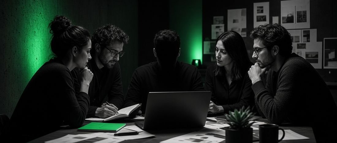 A web design team reviewing page layouts together at a table