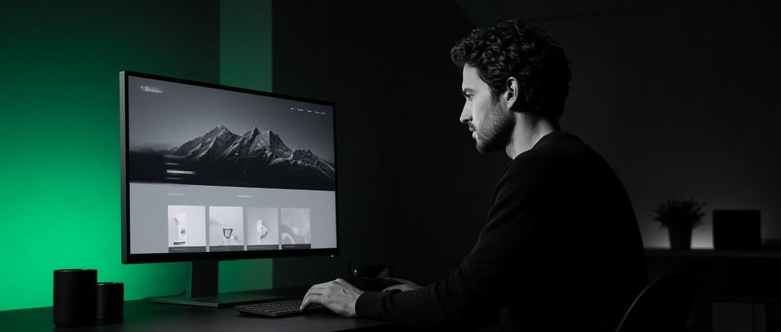 A web designer working at a desk on a website layout