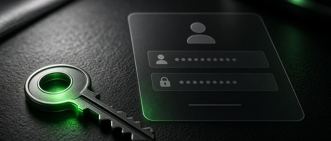 A key beside a login panel, representing website account access