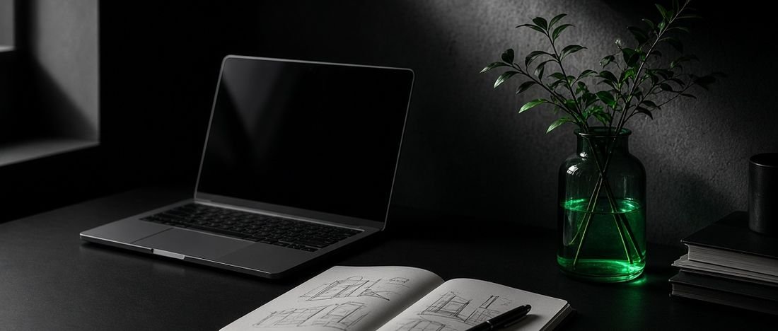 An open notebook beside a laptop while writing a web design brief